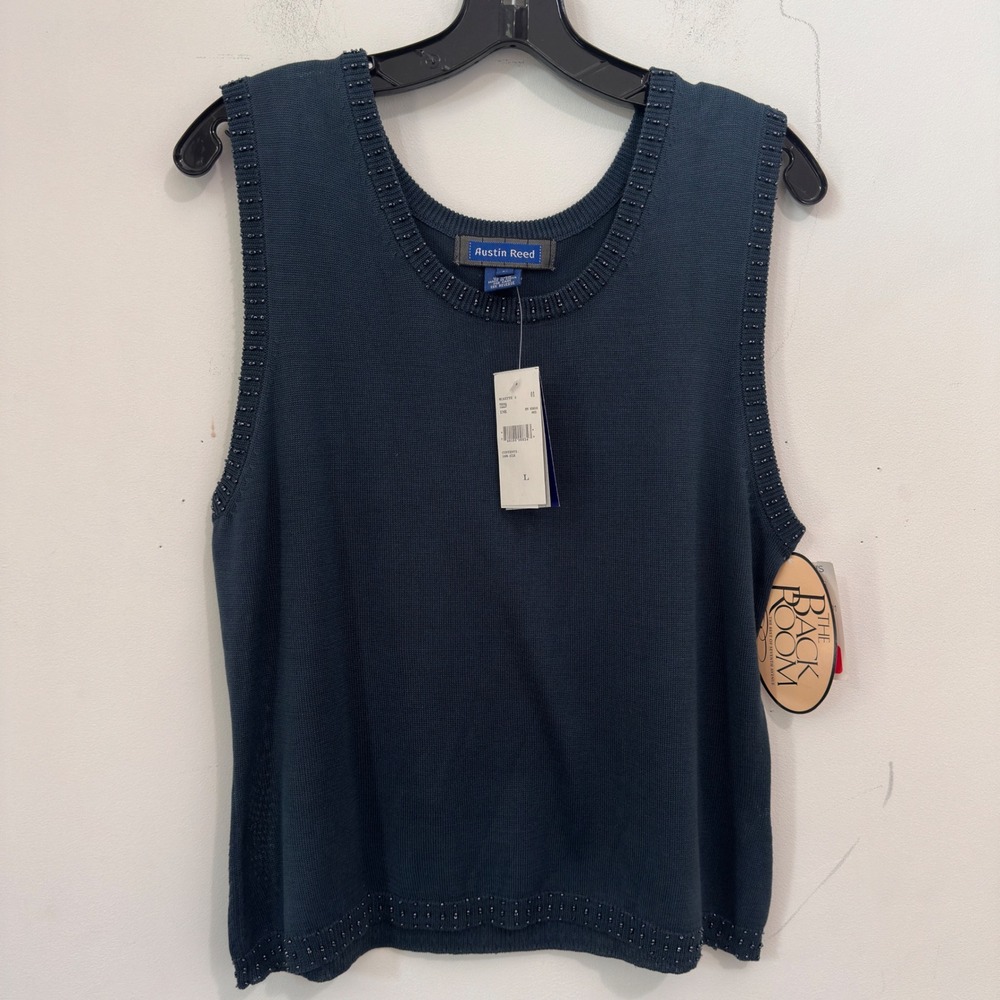 Austin Reed Silk Knit Shell Tank Top Blue Beaded Trim Size L NWT Quiet Luxury